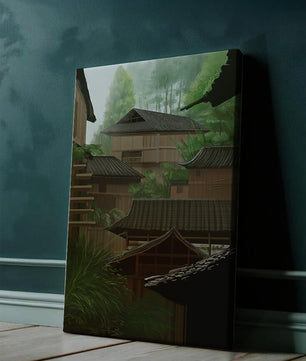 Traditional Japanese Architectural Scene with Lush Greenery