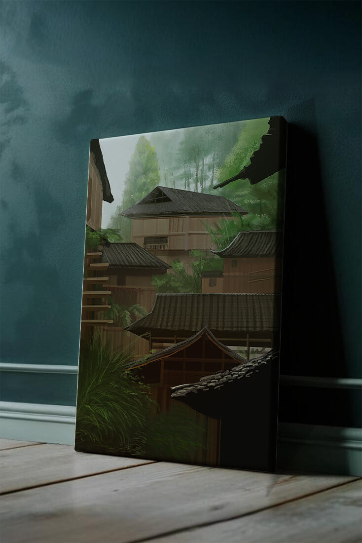 Traditional Japanese Architectural Scene with Lush Greenery