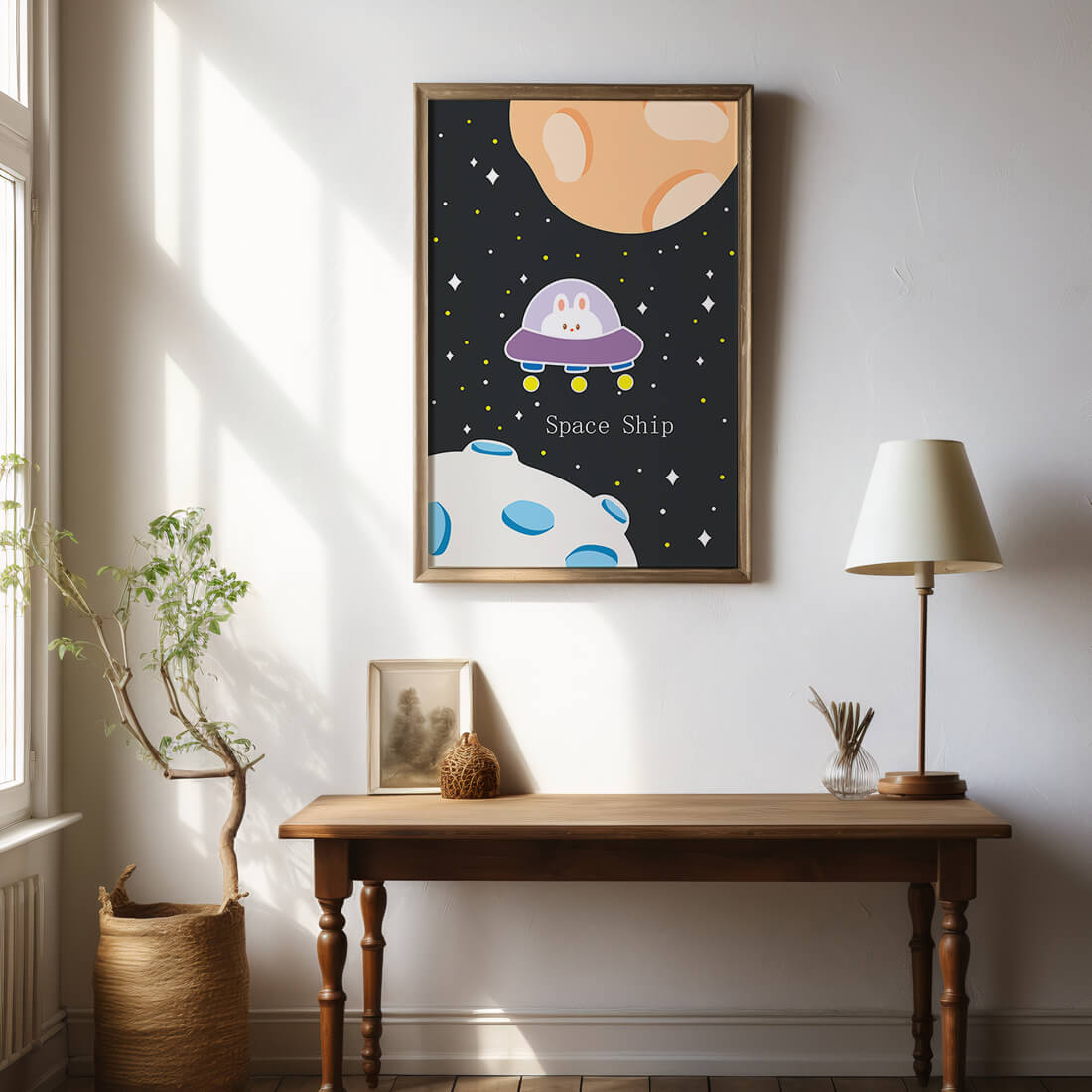 Cute bunny in spaceship with planets and stars in space illustration