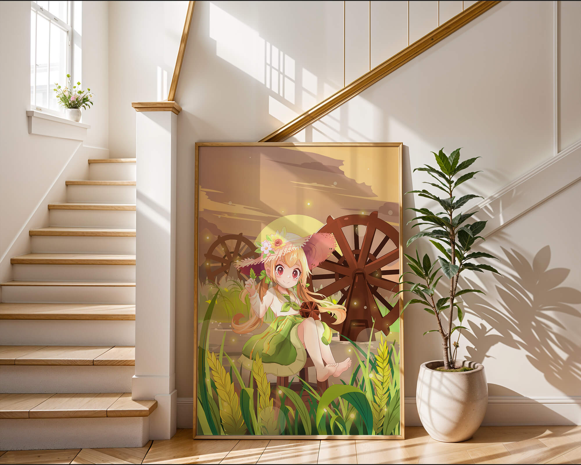 Enchanted countryside scene with a cute character and vibrant nature