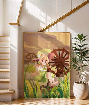 Enchanted countryside scene with a cute character and vibrant nature