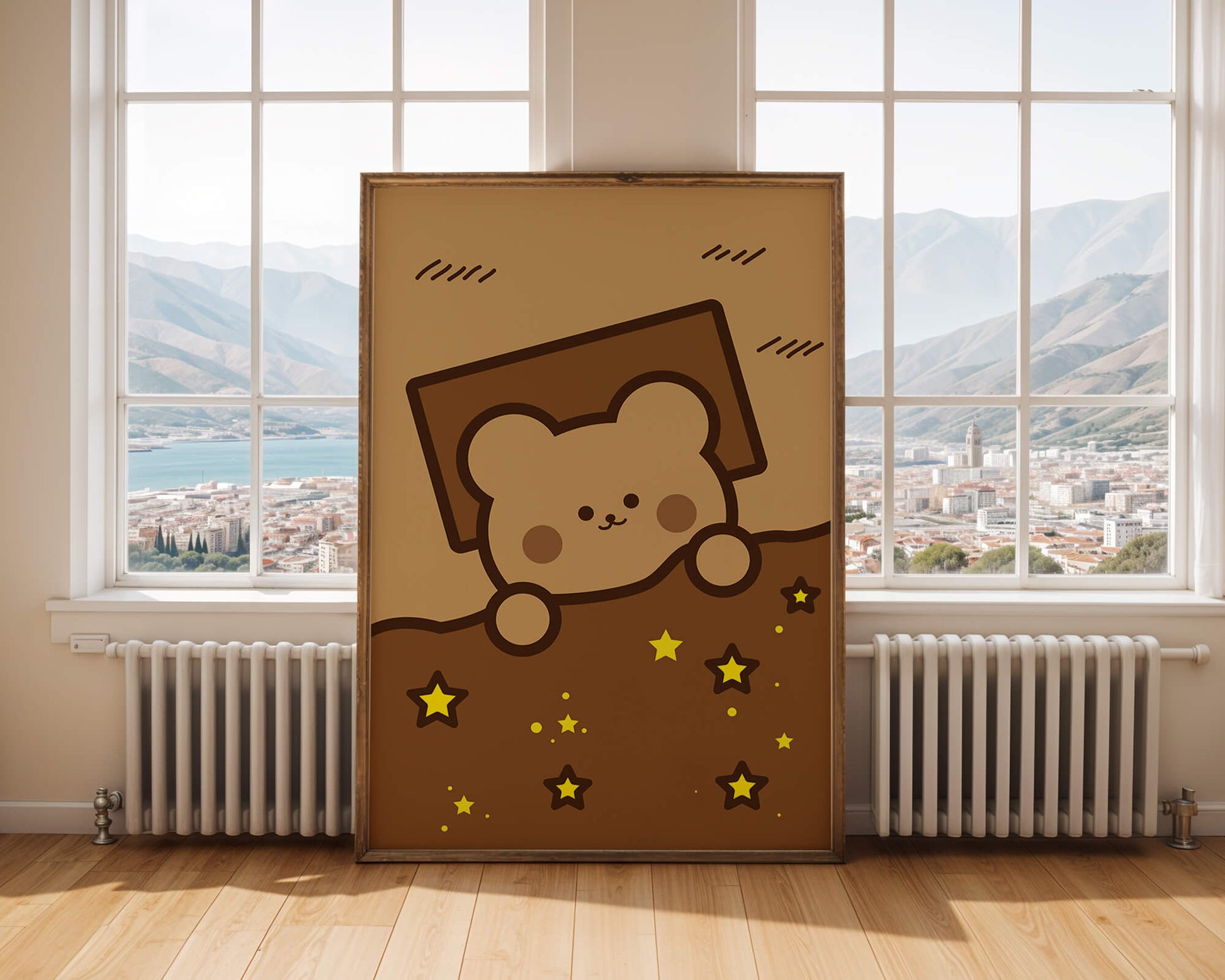 Adorable bear peeking out from a blanket with stars illustration