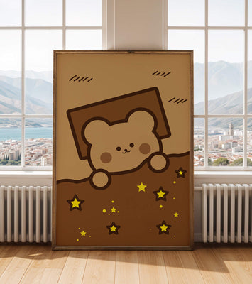 Adorable bear peeking out from a blanket with stars illustration