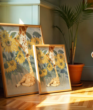 Pintura acuarela de jirafas y girasoles en una escena tierna de una familia de jirafas