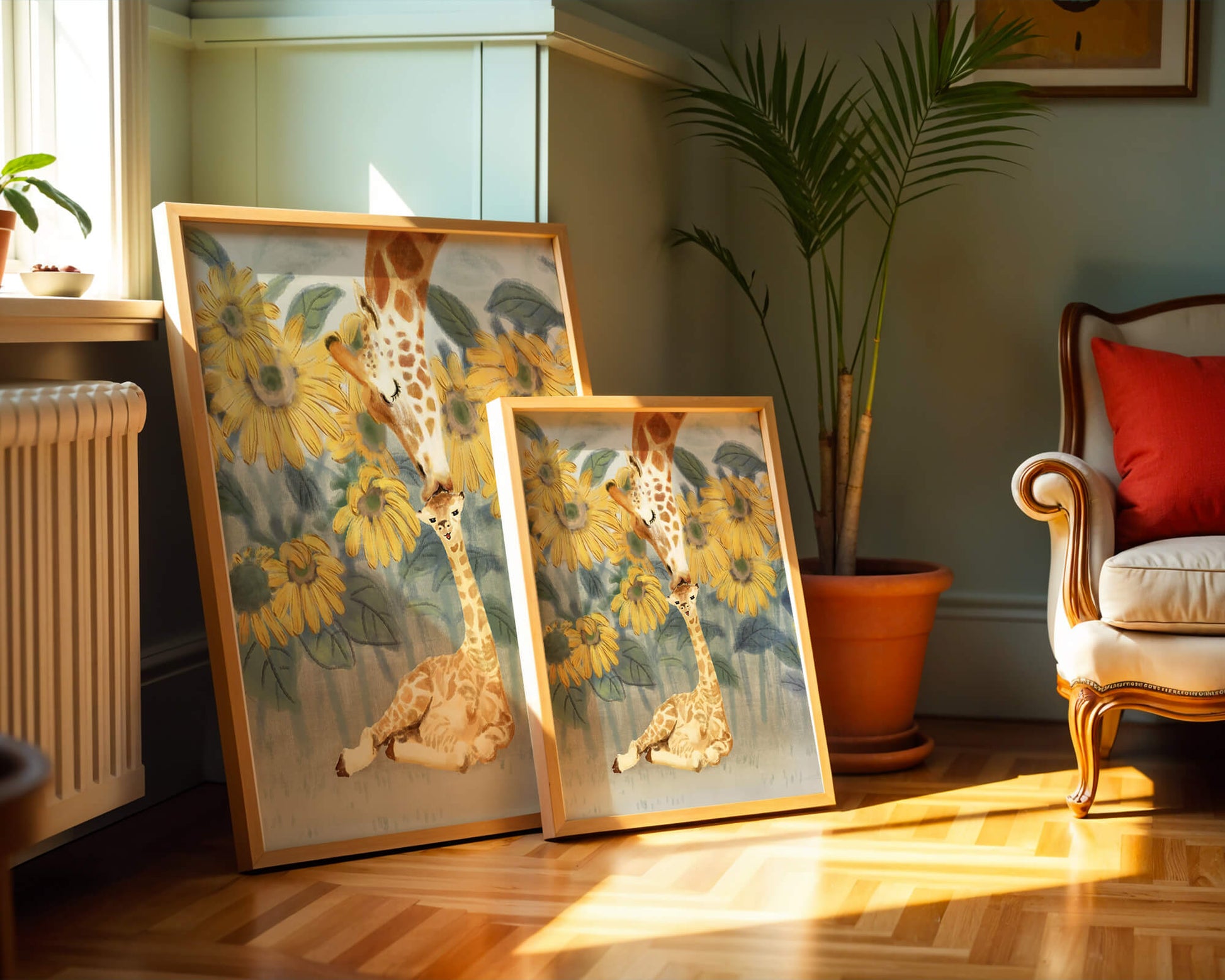 Giraffe and sunflowers watercolor painting of tender giraffe family scene