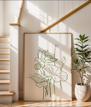 Botanische Illustration einer Lotusblume mit grüner Strichzeichnung auf weißem Hintergrund