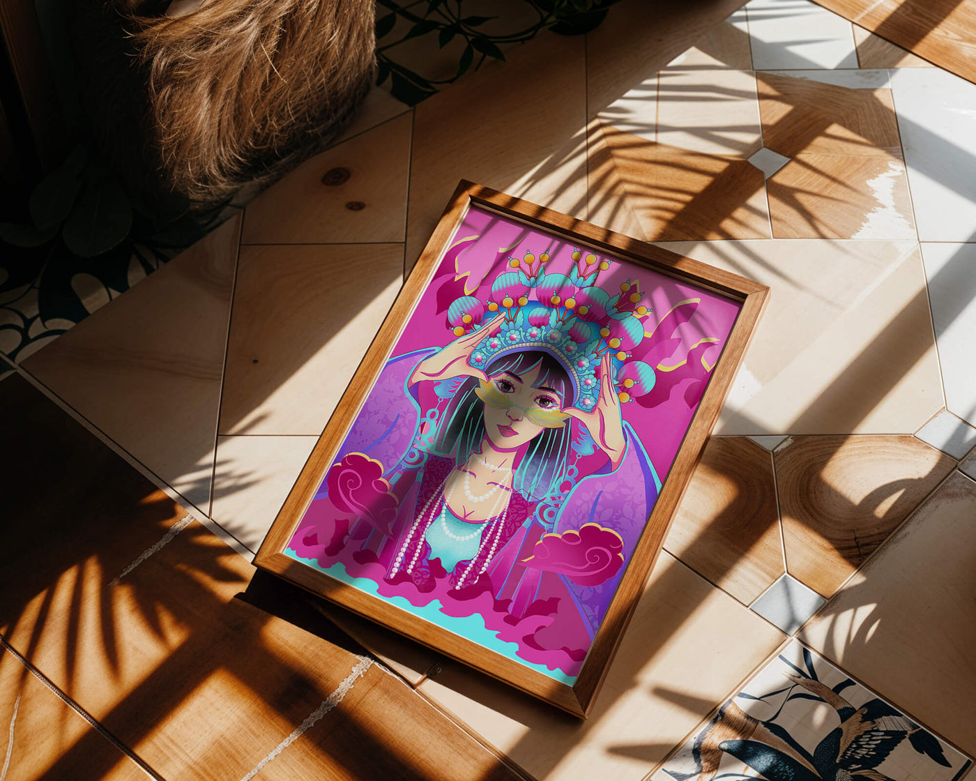 Colorful illustration of a woman in traditional costume with ornate headpiece