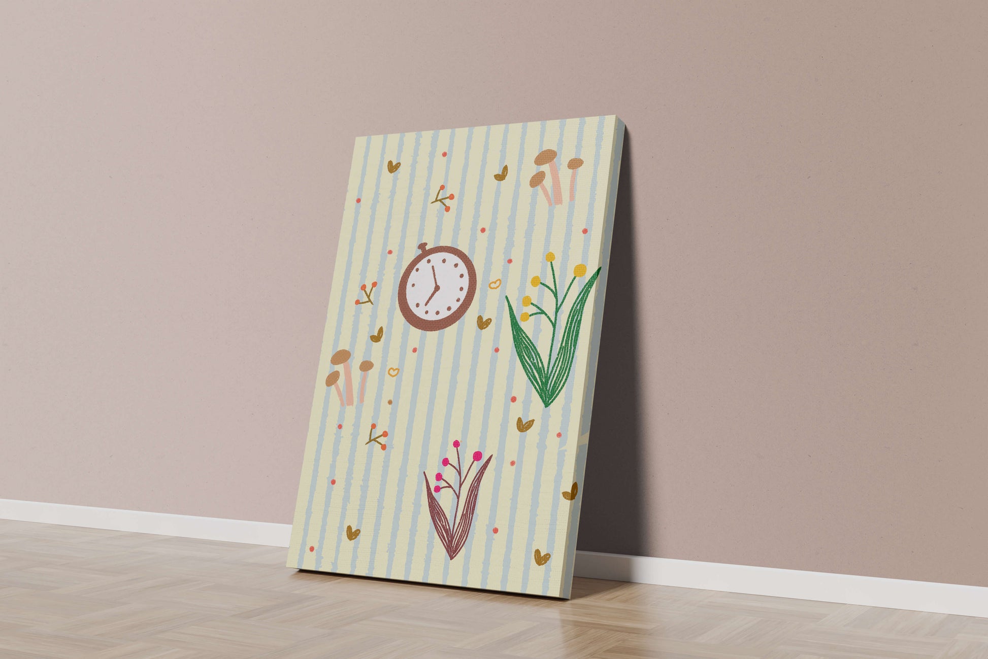 Whimsical pattern with clock, mushrooms, and florals on striped background