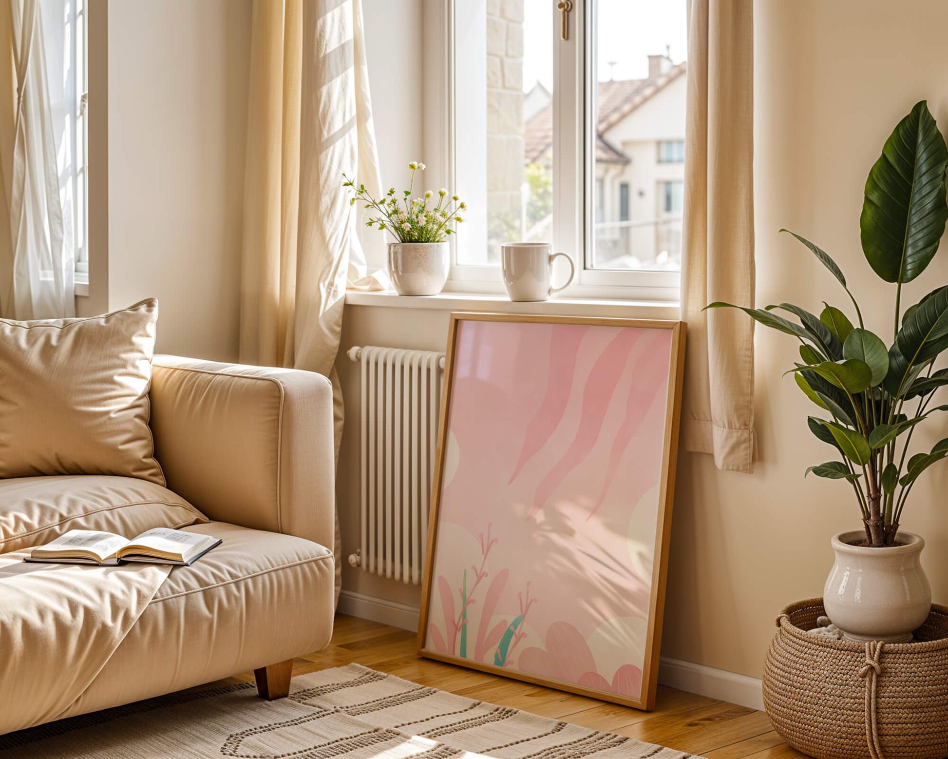 Soft Pink Abstract Floral Design with Stylized Leaves and Waves
