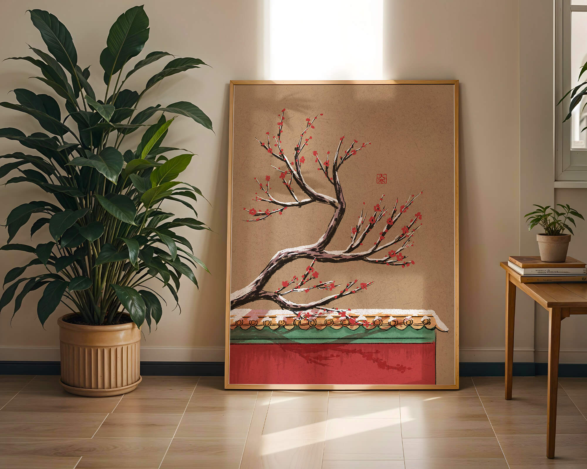 Illustration of blooming plum branch over traditional rooftop