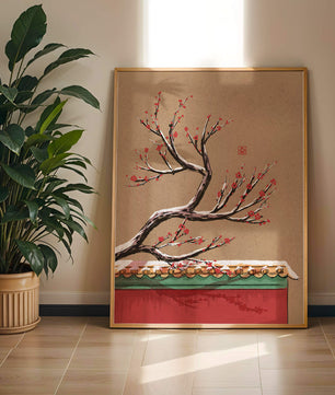 Illustration of blooming plum branch over traditional rooftop
