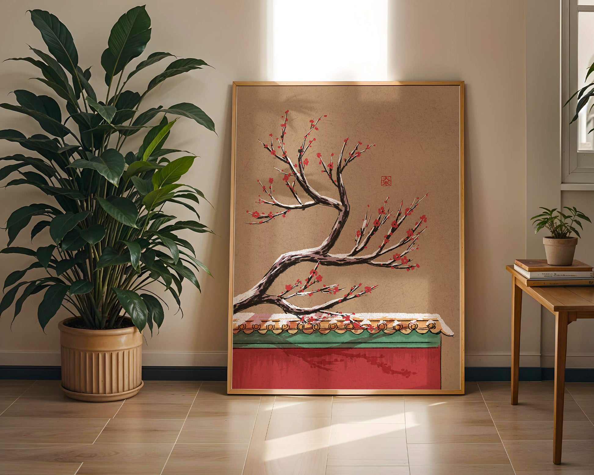 Illustration of blooming plum branch over traditional rooftop