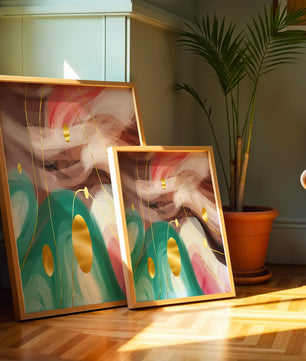 Diseño abstracto de remolinos coloridos con círculos dorados