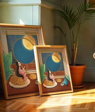 Tranquila escena nocturna con pasteles de luna y una figura mítica