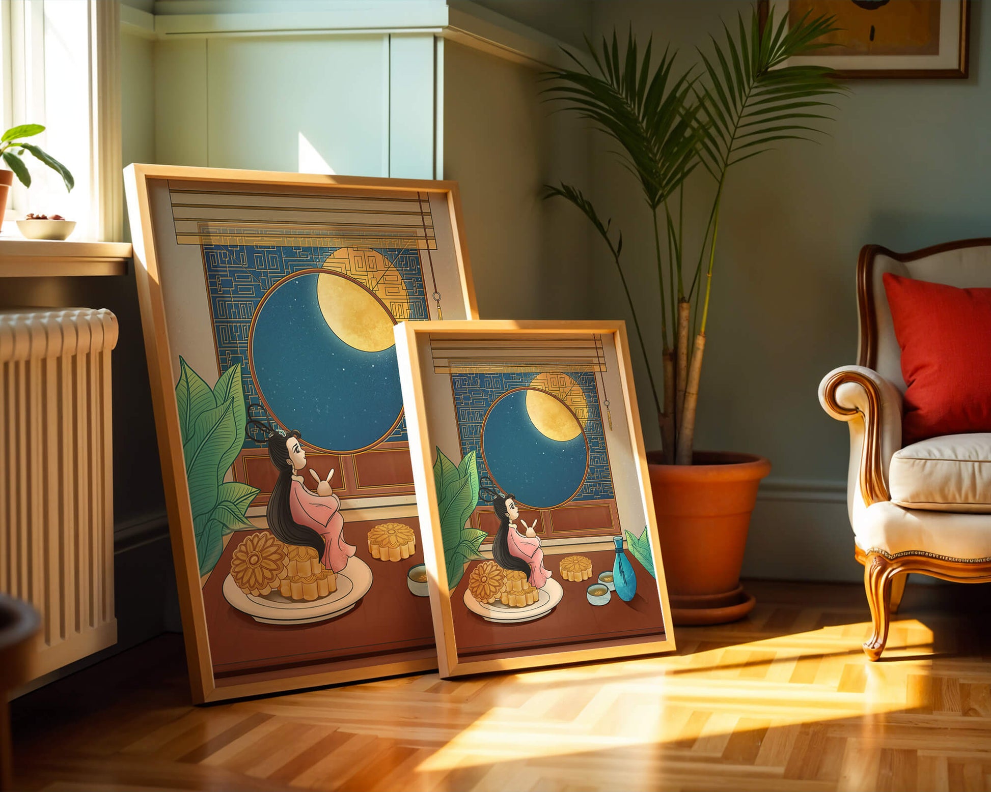 Tranquila escena nocturna con pasteles de luna y una figura mítica