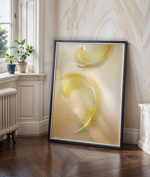 Elegant golden feather design with shimmering background