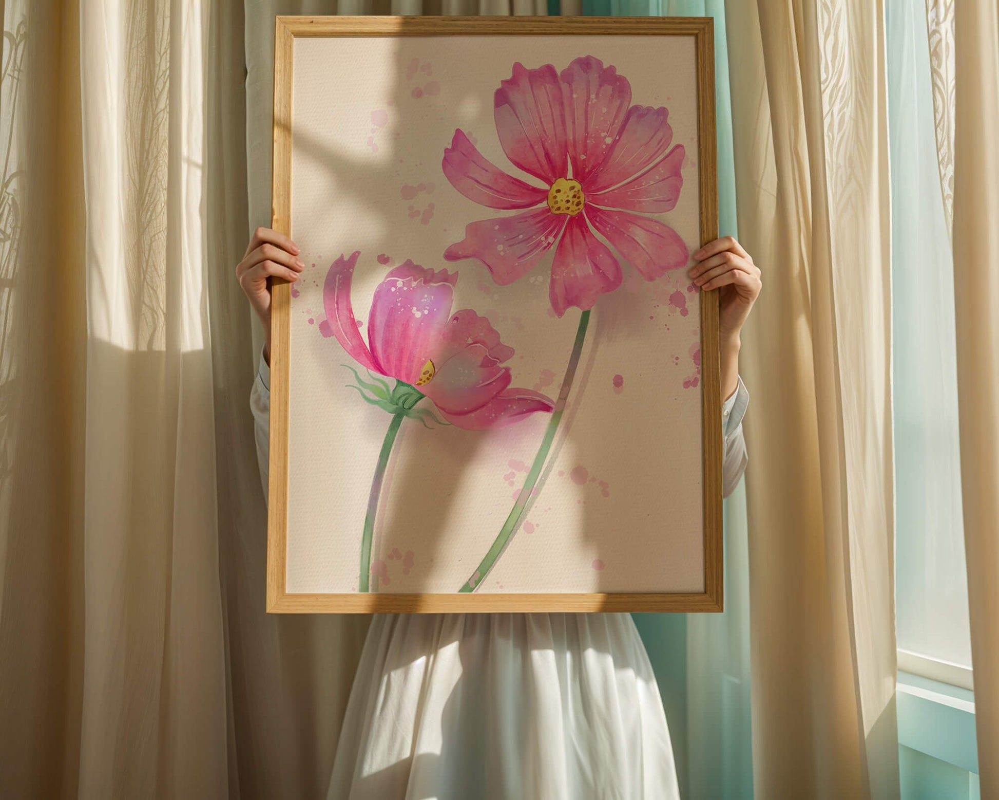 Flores delicadas en acuarela rosada con salpicaduras artísticas en lienzo