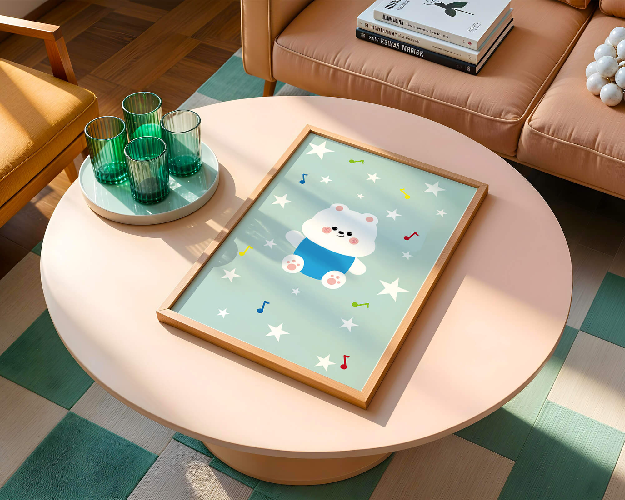 Playful bear illustration with musical notes and stars