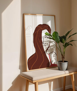 Ilustración estilizada de una mujer con cabello fluyendo y diseño minimalista