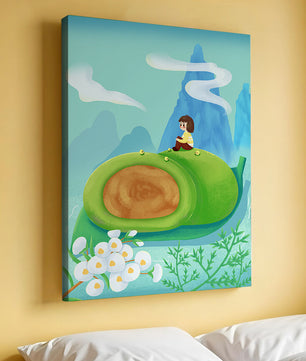 Serene Landscape with Child Sitting on Giant Leaf in Mountainous Fantasy Setting