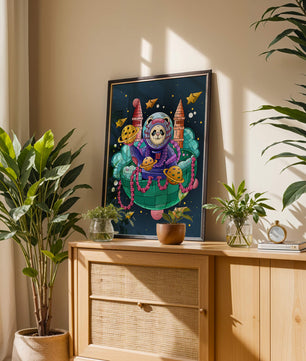 Whimsical space panda illustration with planets and stars