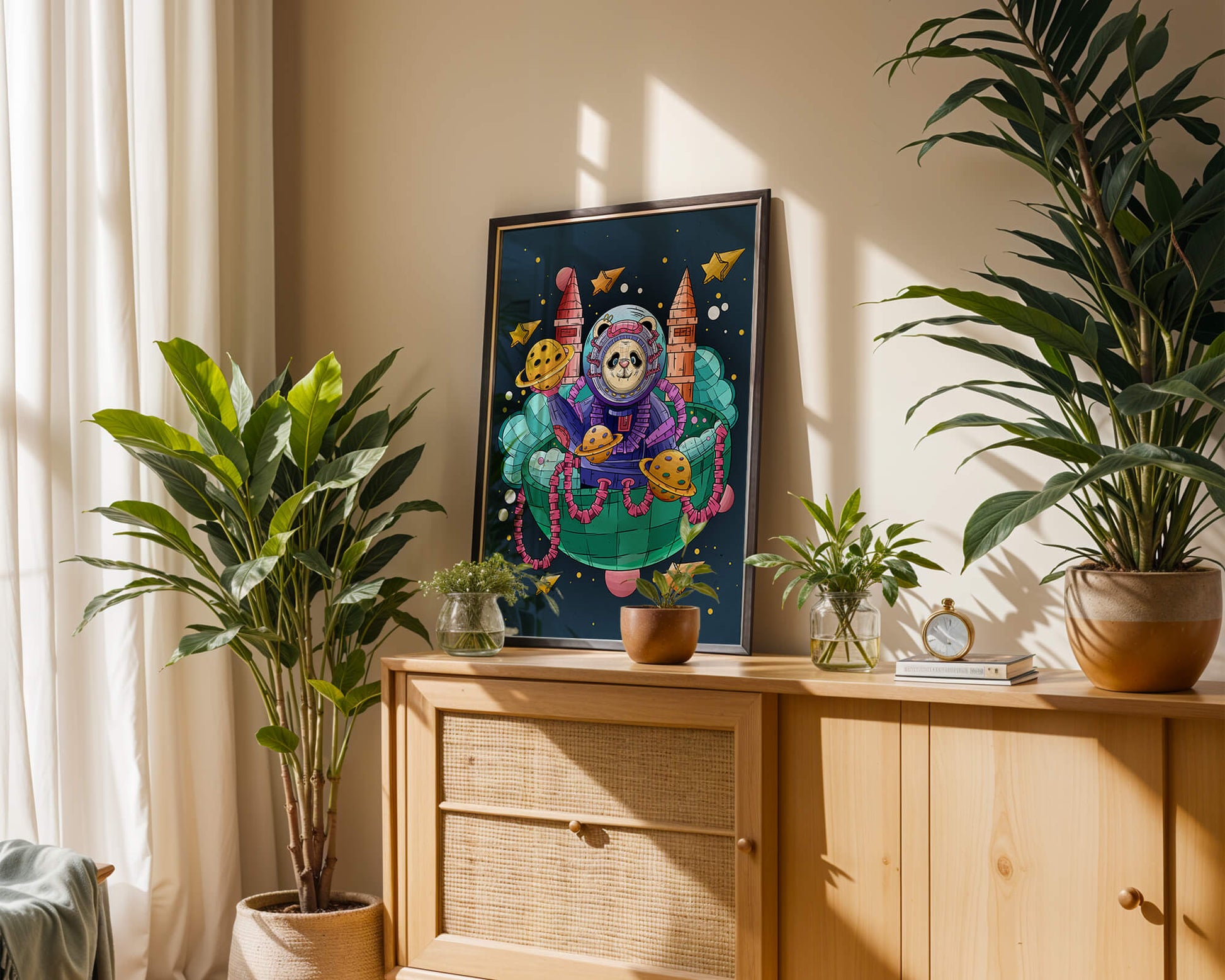 Whimsical space panda illustration with planets and stars