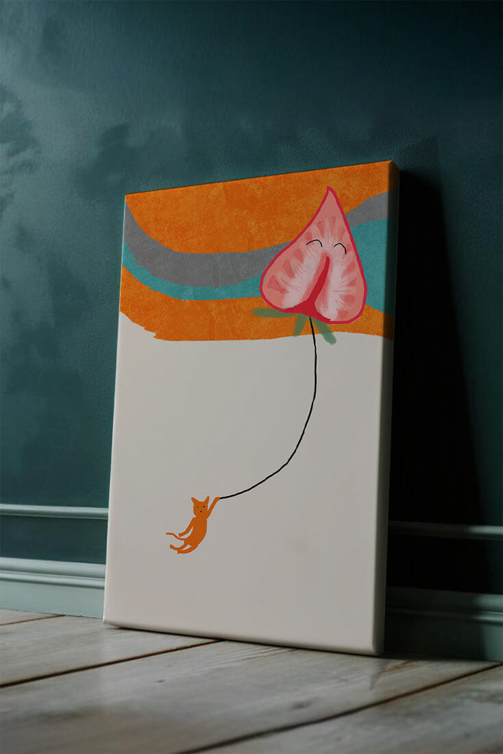 Gato naranja colgando de un globo en forma de corazón sobre un fondo abstracto