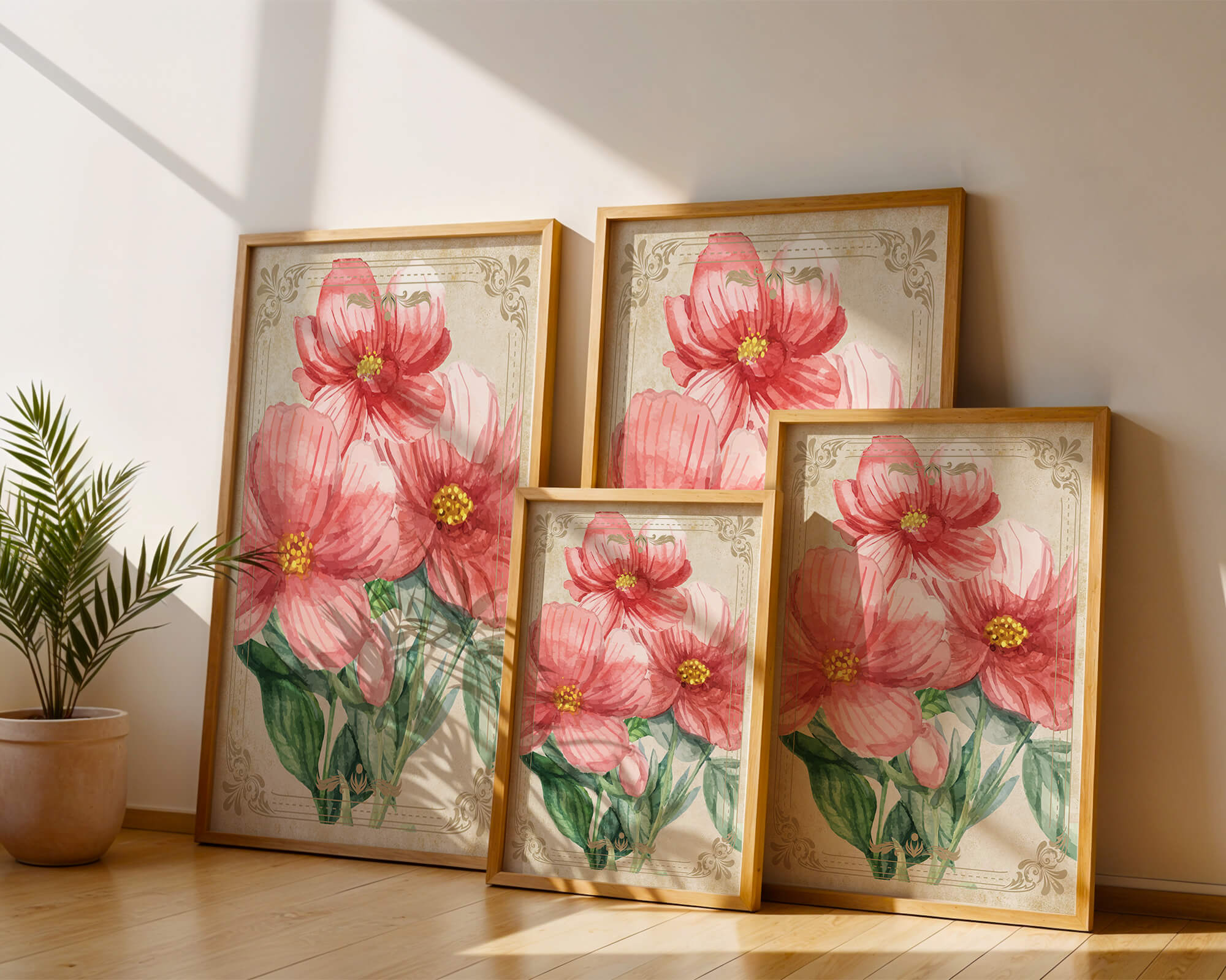 Watercolor floral illustration with pink blooms and green foliage