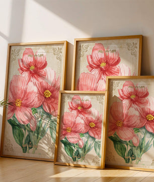 Watercolor floral illustration with pink blooms and green foliage