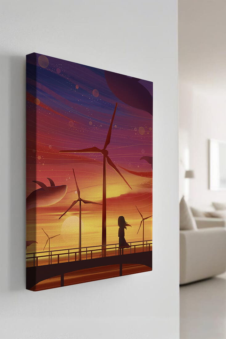 Enchanting sunset scene with wind turbines and silhouette of a girl