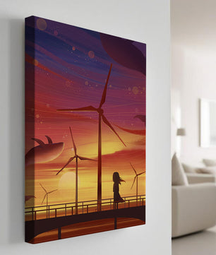 Enchanting sunset scene with wind turbines and silhouette of a girl
