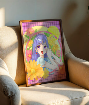 Anime-Mädchen mit leuchtenden Blumen und lila Haaren auf buntem Hintergrund