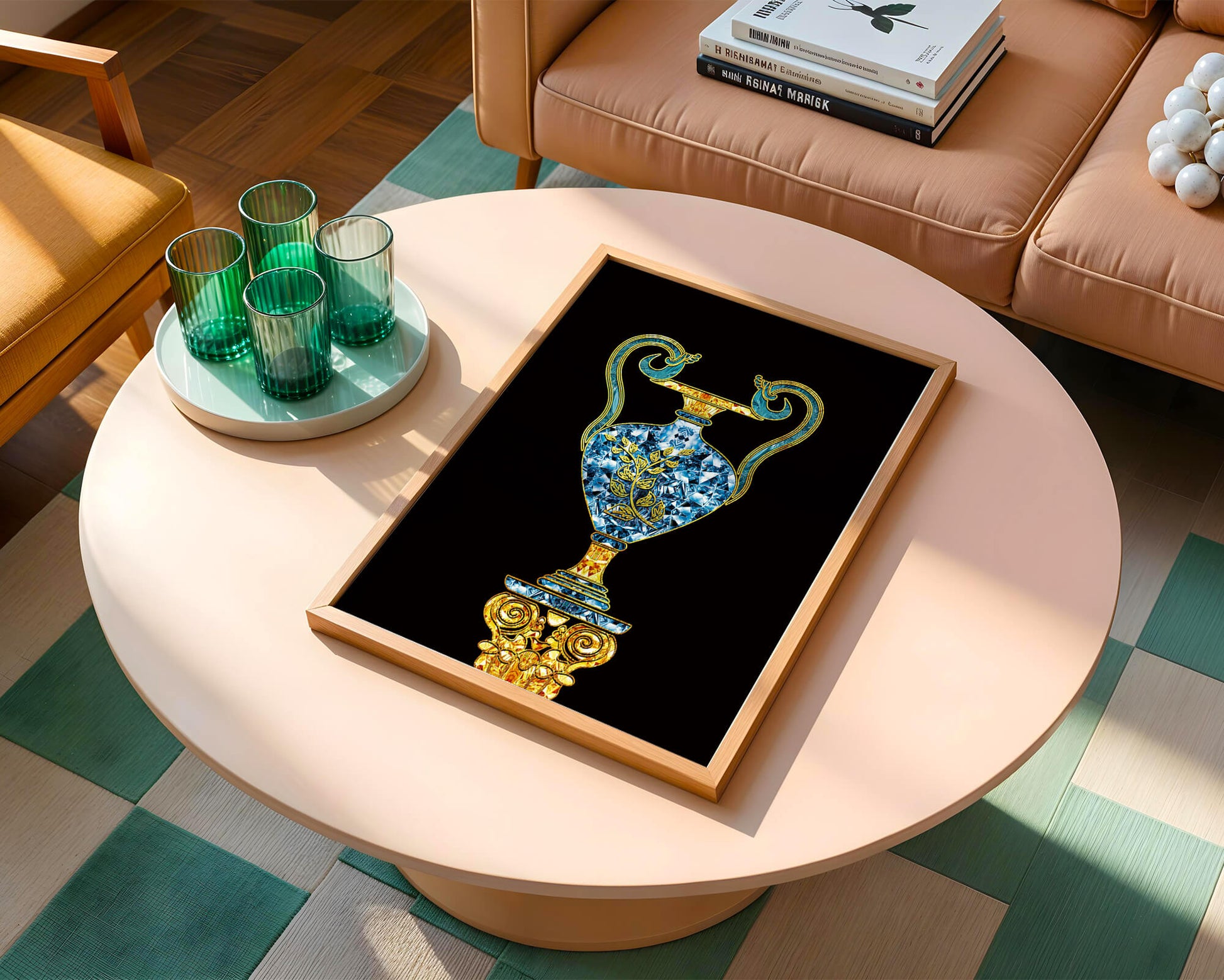 Elegante jarrón con incrustaciones de joyas y detalles dorados y azules sobre fondo negro