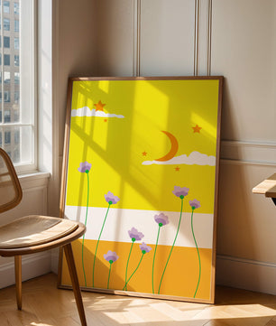 Illustrative landscape with crescent moon, stars, and flowers