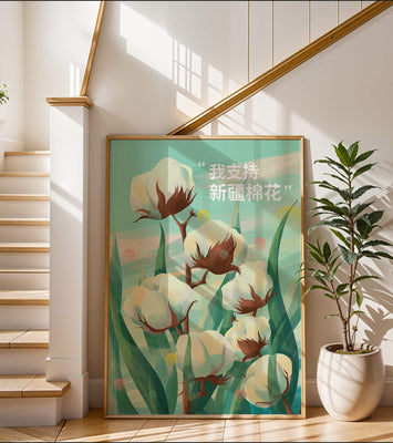Illustration of cotton plants with supportive text in Chinese