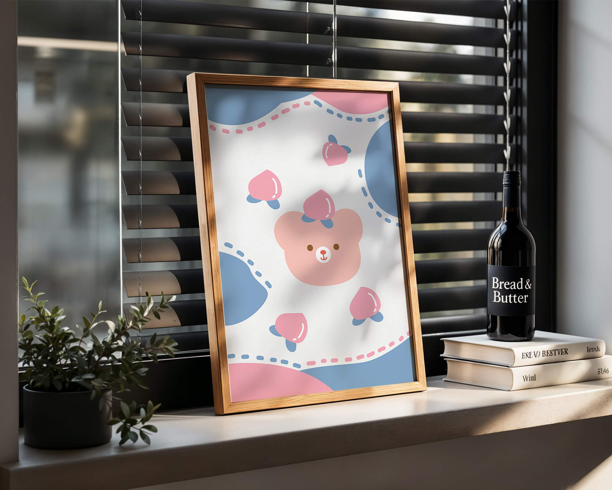Adorable pastel bear with peaches and dotted background