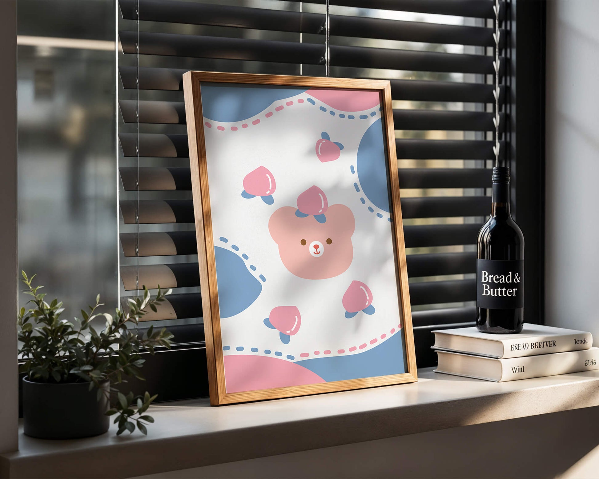 Adorable pastel bear with peaches and dotted background