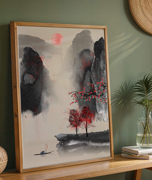 Serene landscape with red foliage and misty mountains