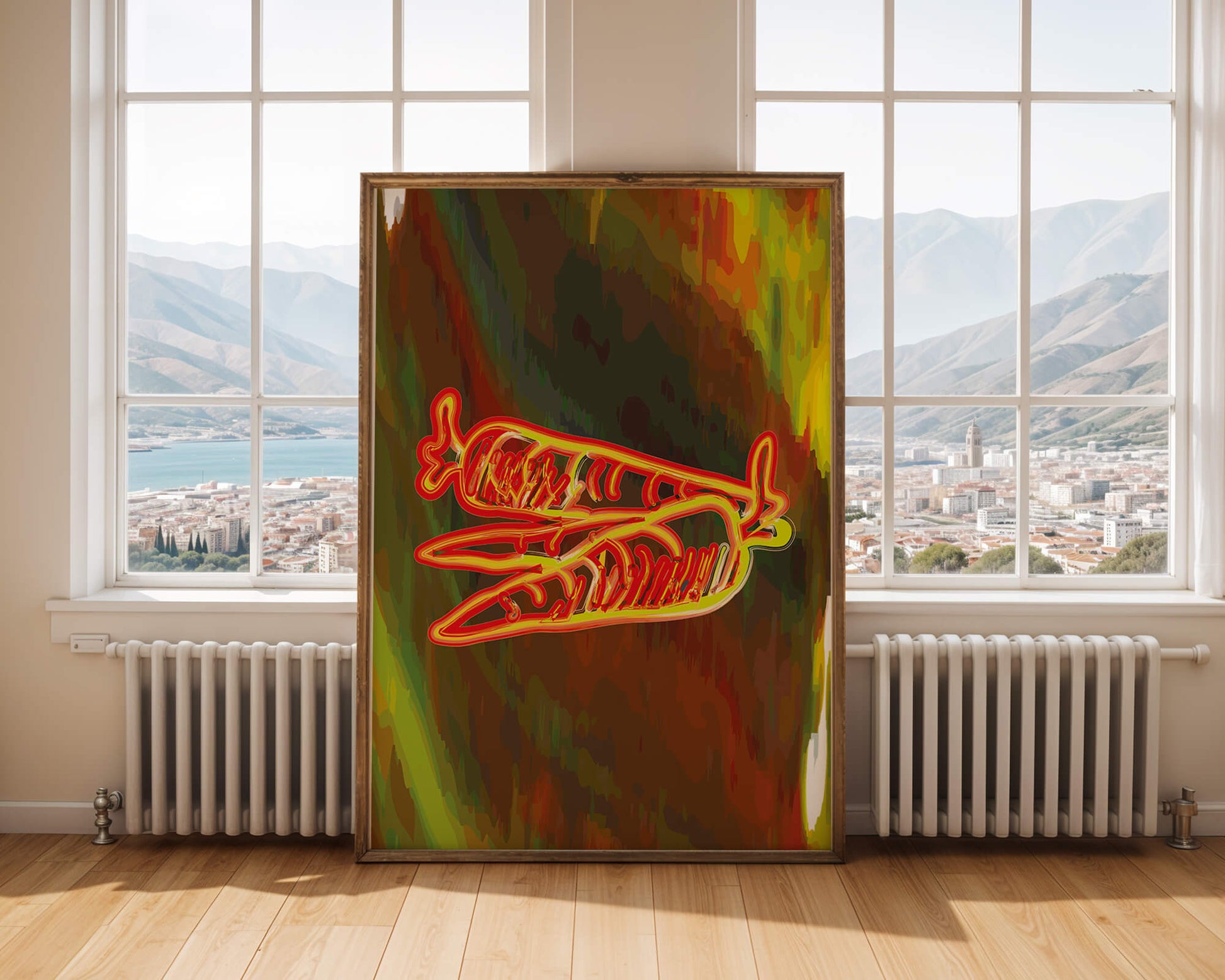 Vibrant abstract carrot illustration with dynamic red and orange patterns