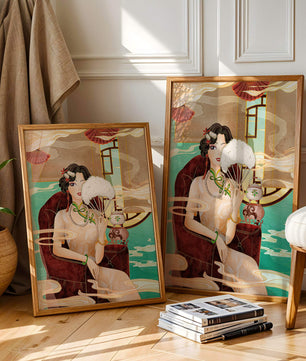 Œuvre d'art élégante d'inspiration asiatique vintage représentant une femme avec un éventail