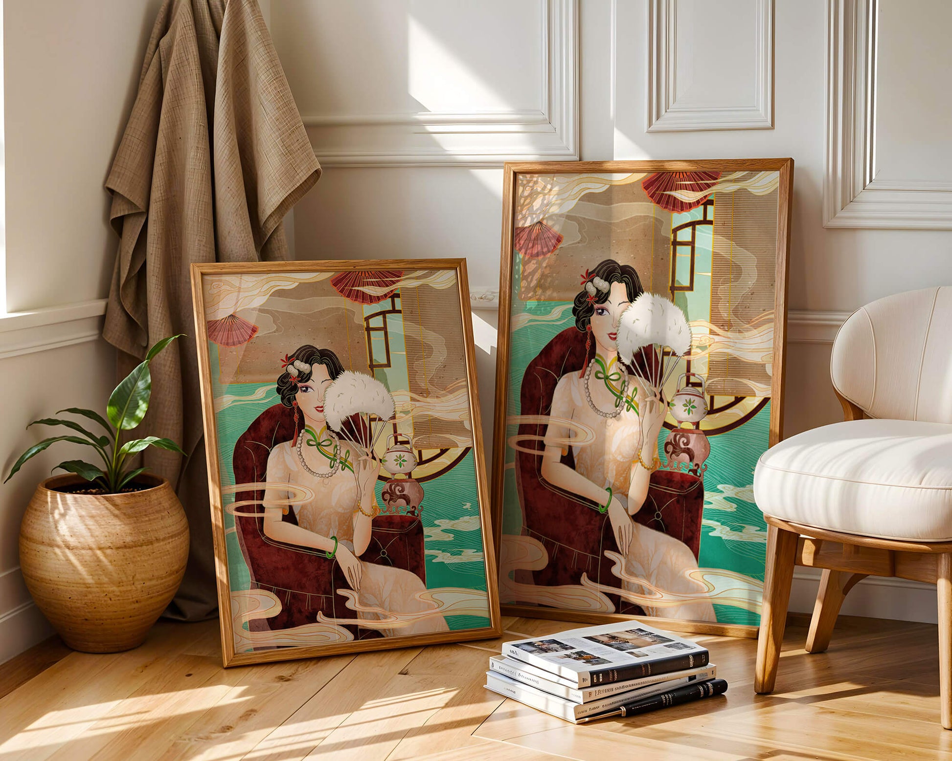 Elegant vintage Asian-inspired artwork featuring a woman with a fan