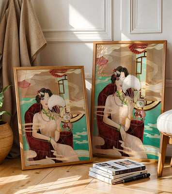 Elegant vintage Asian-inspired artwork featuring a woman with a fan