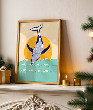 Ilustración de una ballena saltando sobre las olas con un fondo de sol