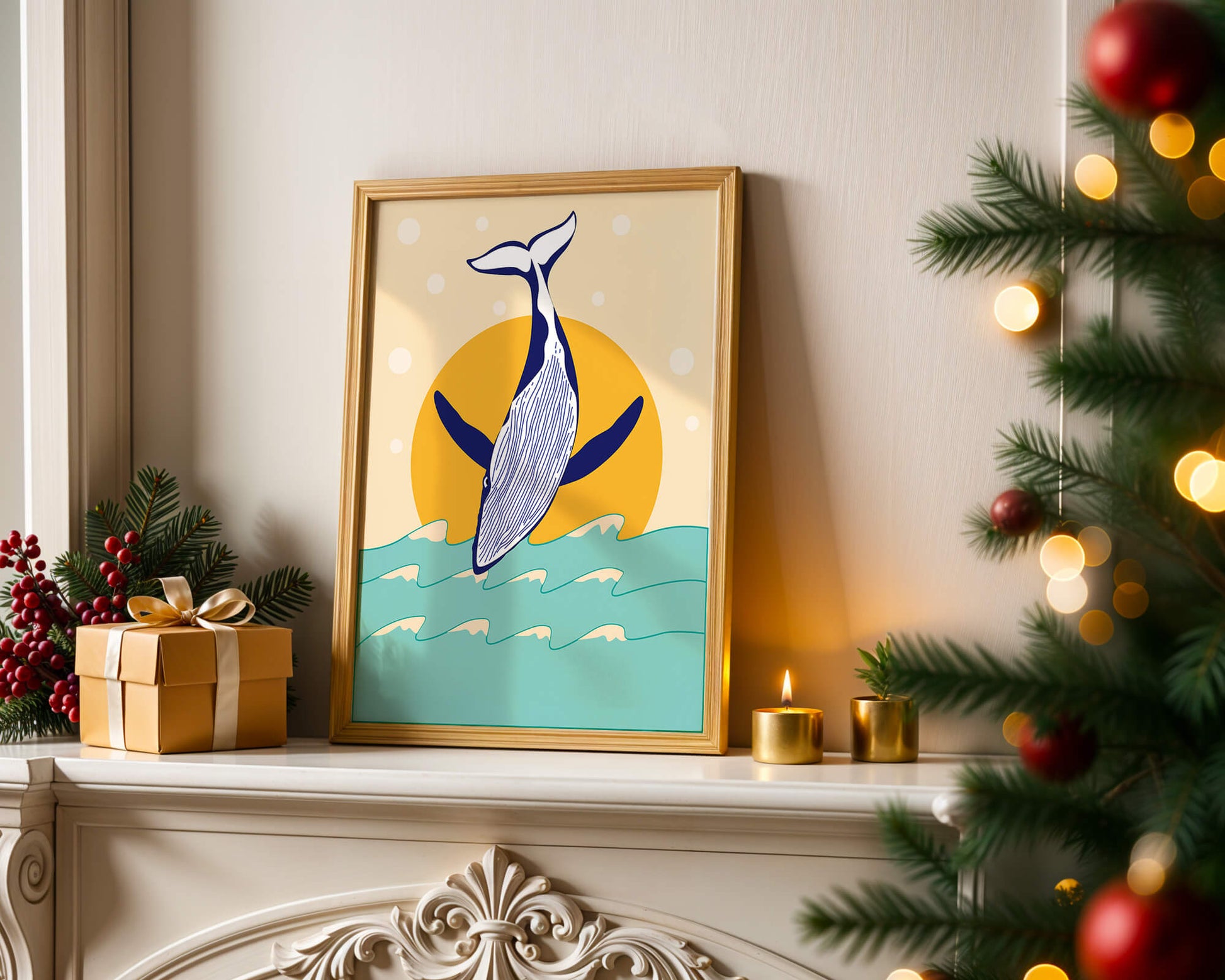 Illustration of a whale jumping over waves with sun backdrop