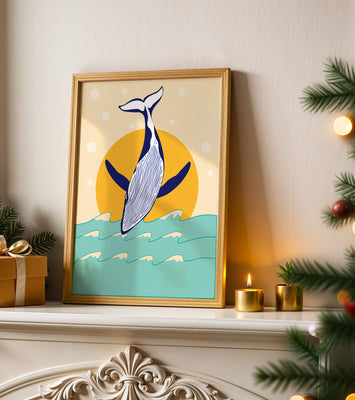 Illustration of a whale jumping over waves with sun backdrop