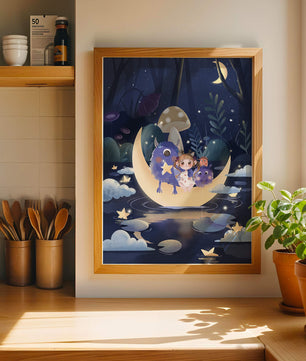Escena nocturna onírica con un niño y monstruos amigables sobre una luna creciente