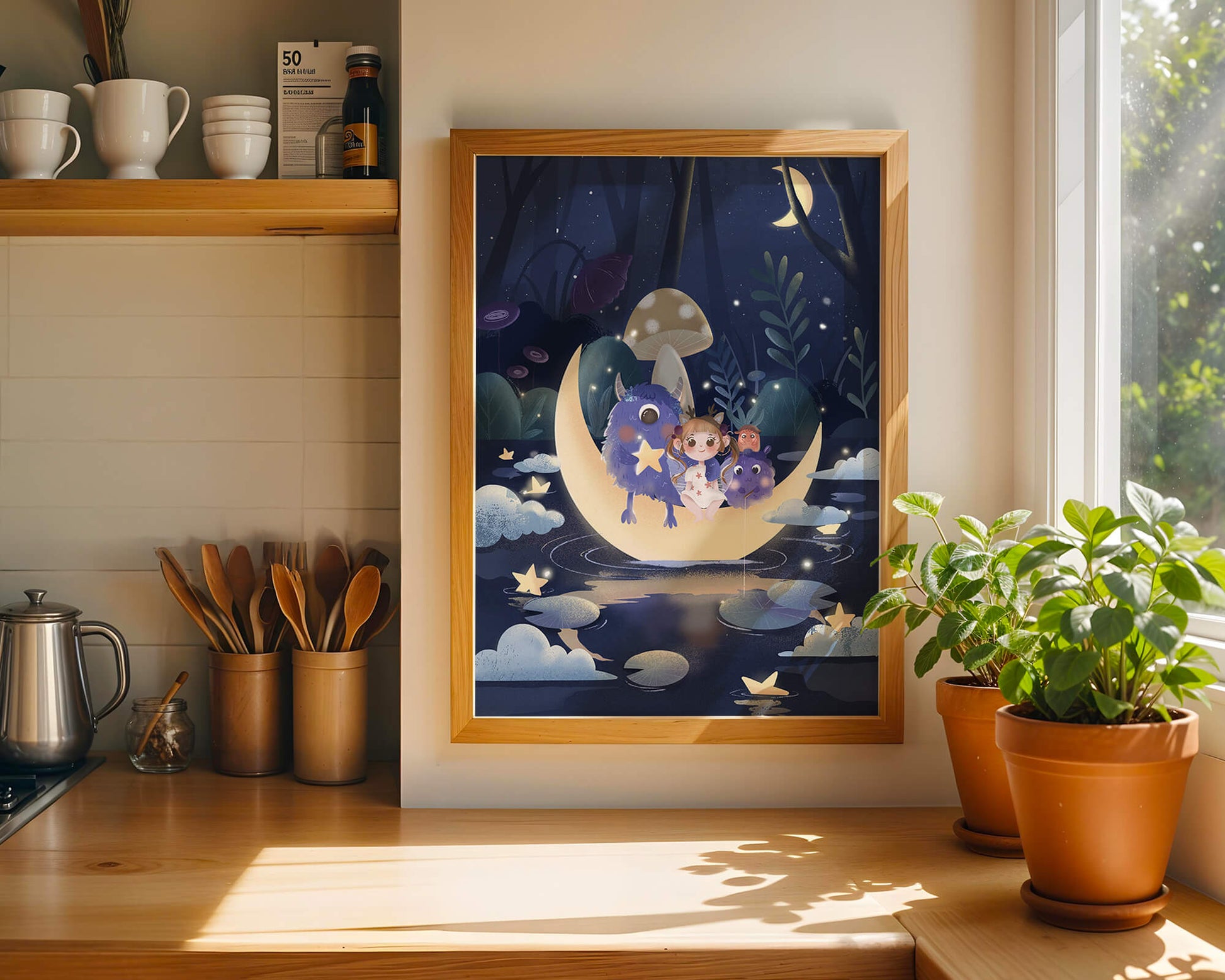 Dreamy night scene with a child and friendly monsters on a crescent moon
