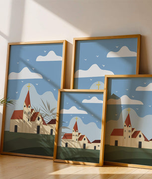 Idyllic Church Landscape with Golden Cross and Blue Sky