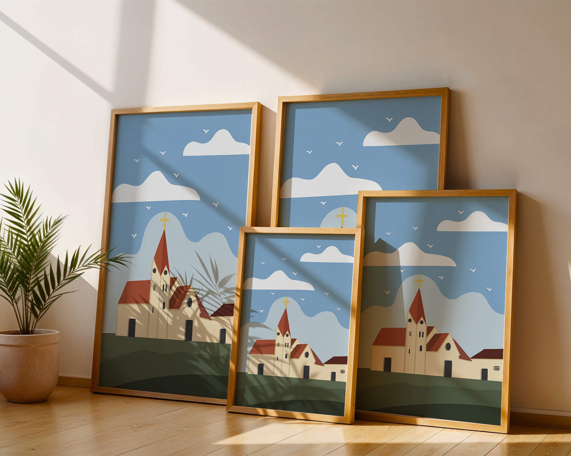 Paisaje idílico de iglesia con cruz dorada y cielo azul