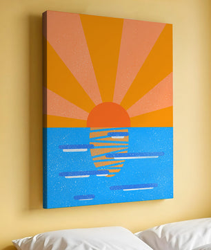 A vibrant sunrise illustration over the ocean with colorful rays